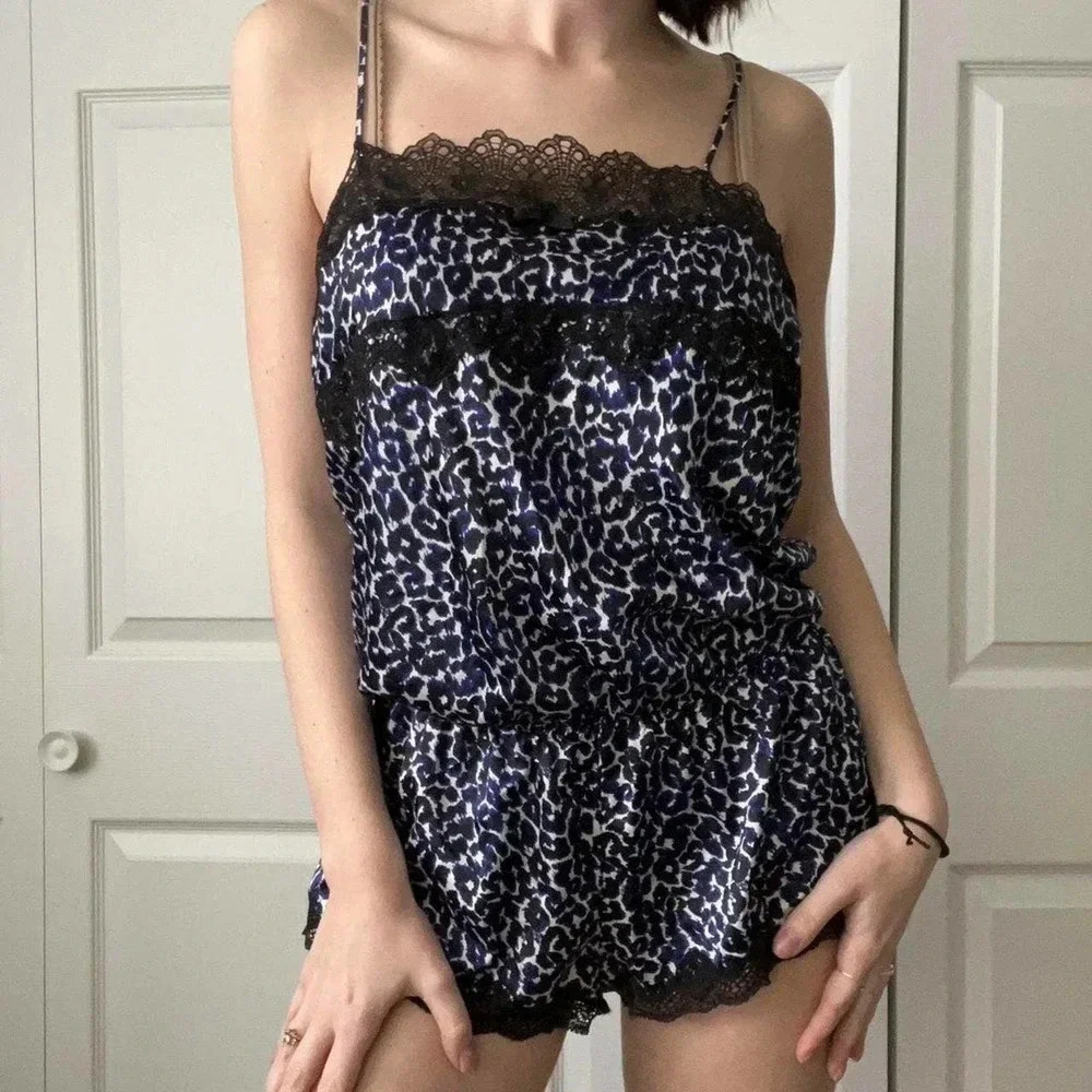Victoria’s Secret Women's Animal Print Lace Trim Romper Outfit Large